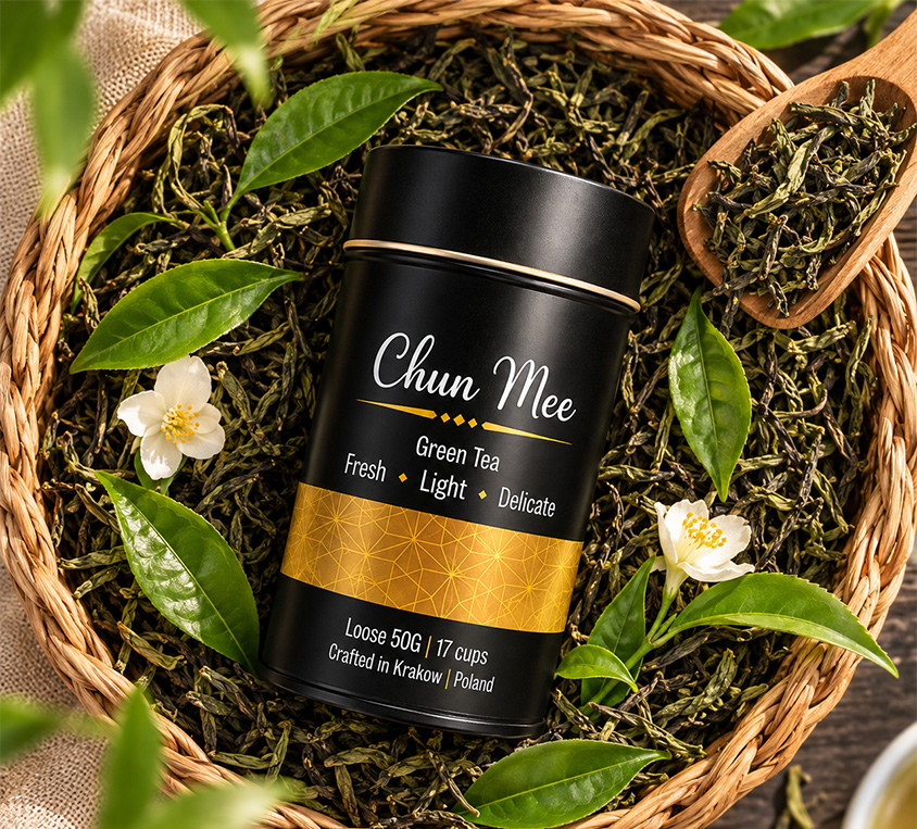Chun Mee Leo Tea – chińska zielona herbata liściasta w metalowej puszce 50g